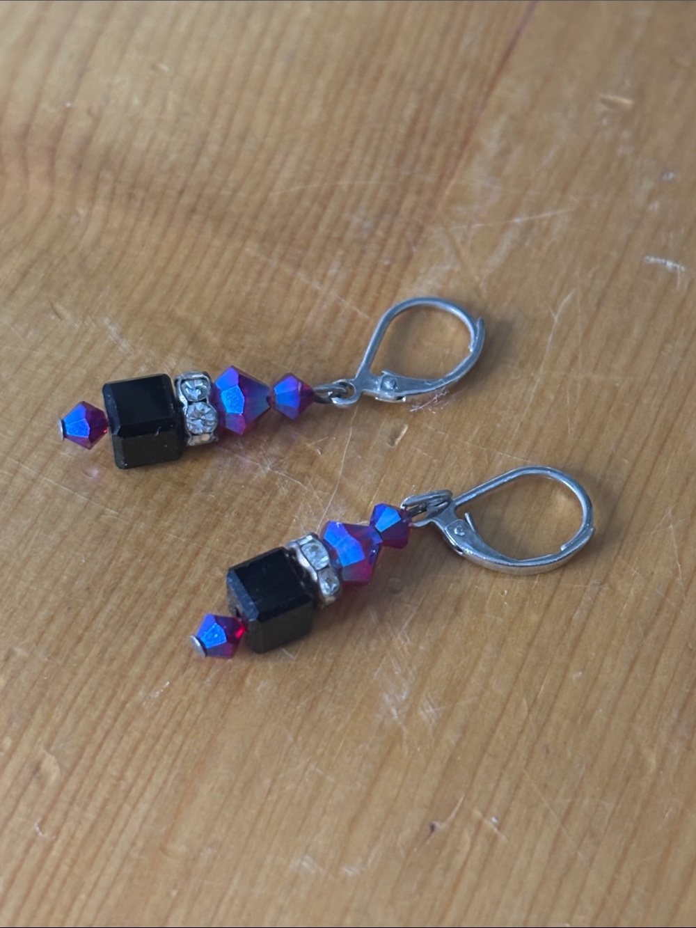 Crystal Bead Drop Earrings - Black and Iridescent Blue